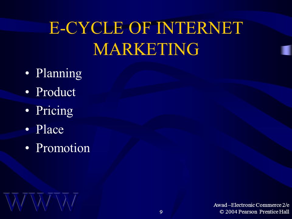 Awad –Electronic Commerce 2/e © 2004 Pearson Prentice Hall9 E-CYCLE OF INTERNET MARKETING Planning Product Pricing Place Promotion