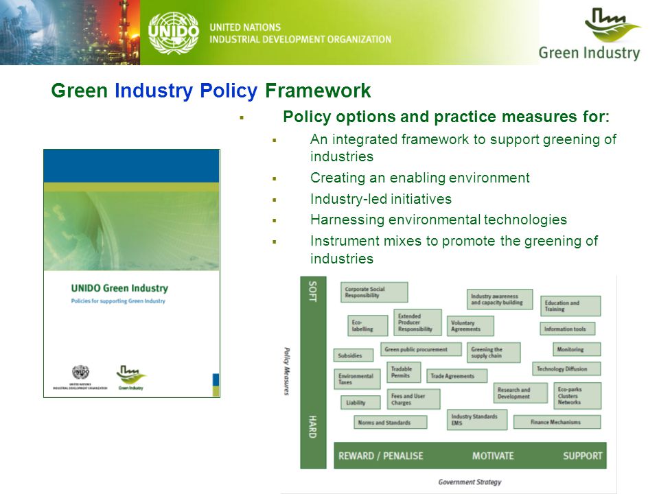 Green Industry Policy Framework  Policy options and practice measures for:  An integrated framework to support greening of industries  Creating an enabling environment  Industry-led initiatives  Harnessing environmental technologies  Instrument mixes to promote the greening of industries