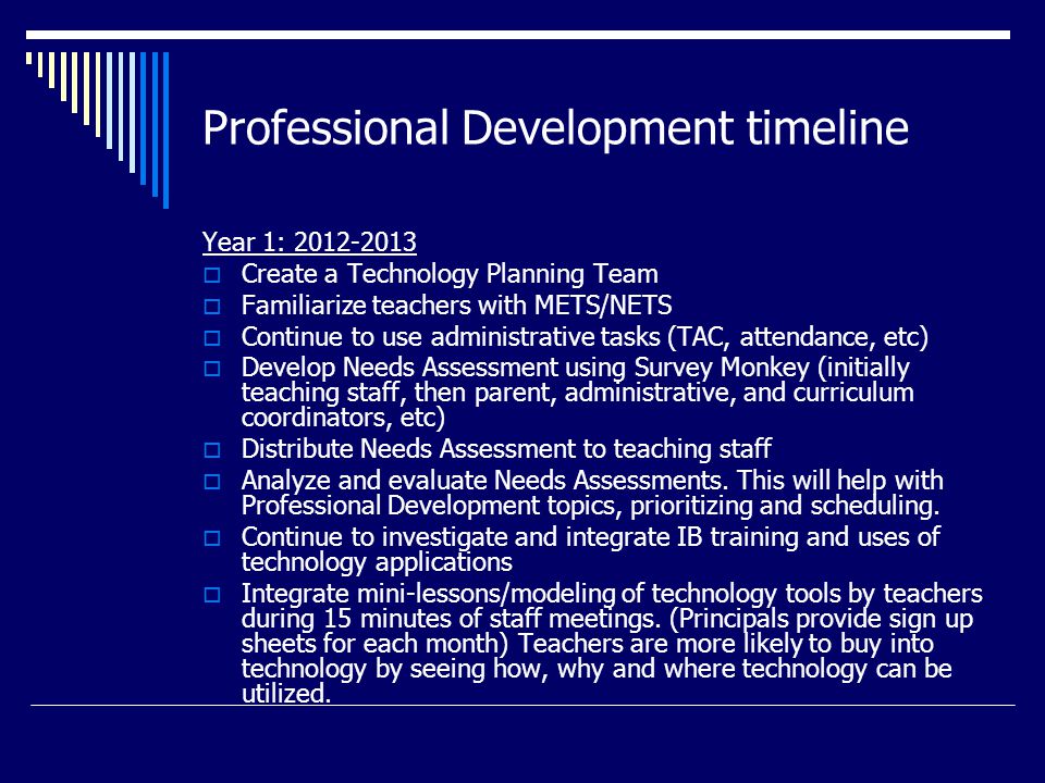Professional Development timeline Year 1:  Create a Technology Planning Team  Familiarize teachers with METS/NETS  Continue to use administrative tasks (TAC, attendance, etc)  Develop Needs Assessment using Survey Monkey (initially teaching staff, then parent, administrative, and curriculum coordinators, etc)  Distribute Needs Assessment to teaching staff  Analyze and evaluate Needs Assessments.