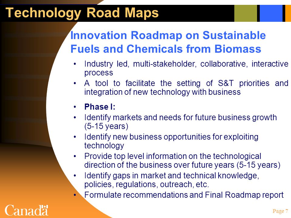 Page 7 Technology Road Maps Industry led, multi-stakeholder, collaborative, interactive process A tool to facilitate the setting of S&T priorities and integration of new technology with business Phase I: Identify markets and needs for future business growth (5-15 years) Identify new business opportunities for exploiting technology Provide top level information on the technological direction of the business over future years (5-15 years) Identify gaps in market and technical knowledge, policies, regulations, outreach, etc.