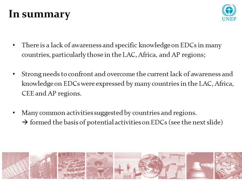 In summary There is a lack of awareness and specific knowledge on EDCs in many countries, particularly those in the LAC, Africa, and AP regions; Strong needs to confront and overcome the current lack of awareness and knowledge on EDCs were expressed by many countries in the LAC, Africa, CEE and AP regions.