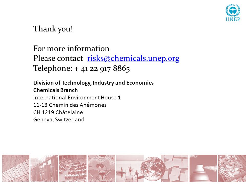 Division of Technology, Industry and Economics Chemicals Branch International Environment House Chemin des Anémones CH 1219 Châtelaine Geneva, Switzerland Thank you.