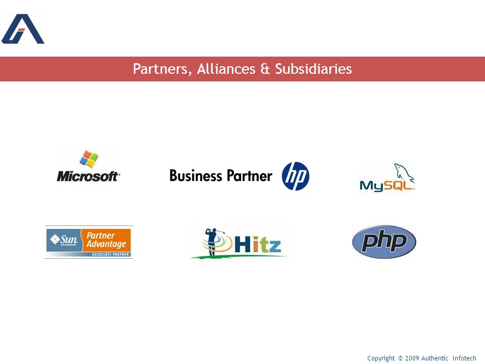 Partners, Alliances & Subsidiaries Copyright © 2009 Authentic Infotech
