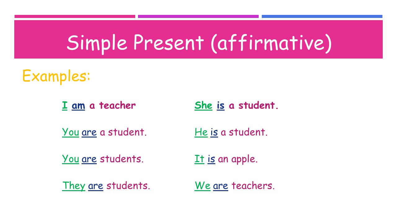 Examples: Simple Present (affirmative) I am a teacher.She is a student.