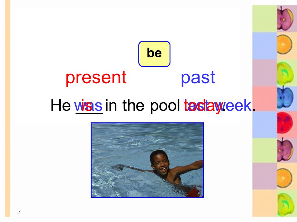 7 He ___in the poolwaslast week.istoday. presentpast 8-1 Let’s Practice be