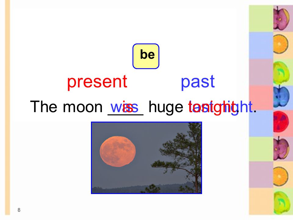 8 The moon ____ huge last night. wasistonight. presentpast 8-1 Let’s Practice be