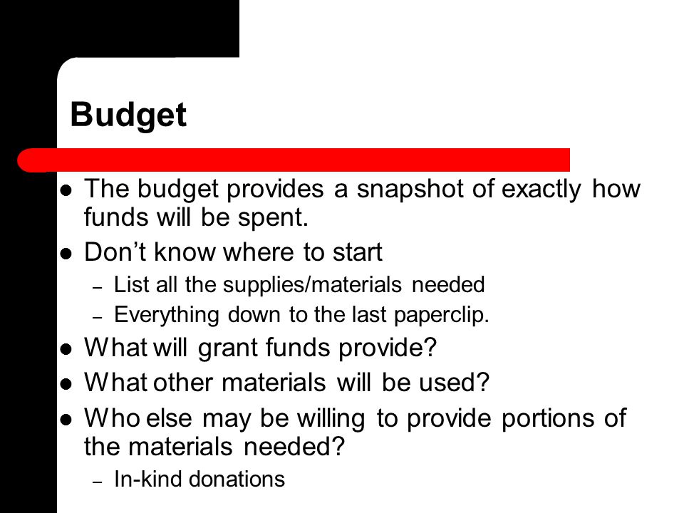 Budget The budget provides a snapshot of exactly how funds will be spent.