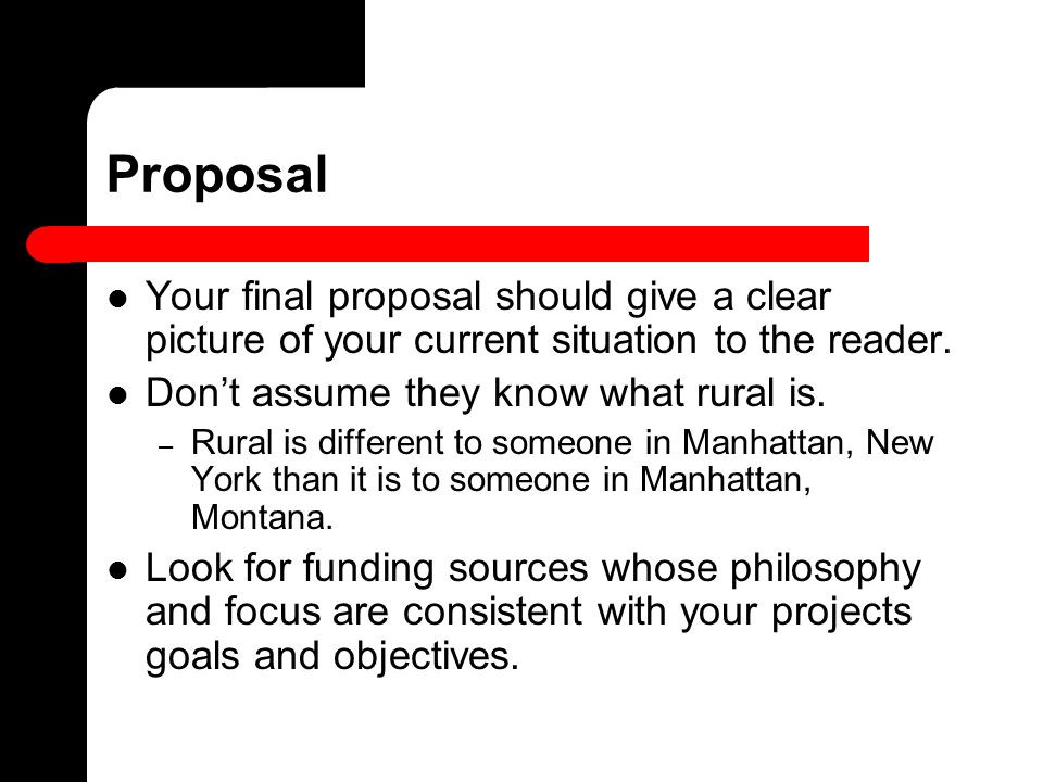Proposal Your final proposal should give a clear picture of your current situation to the reader.