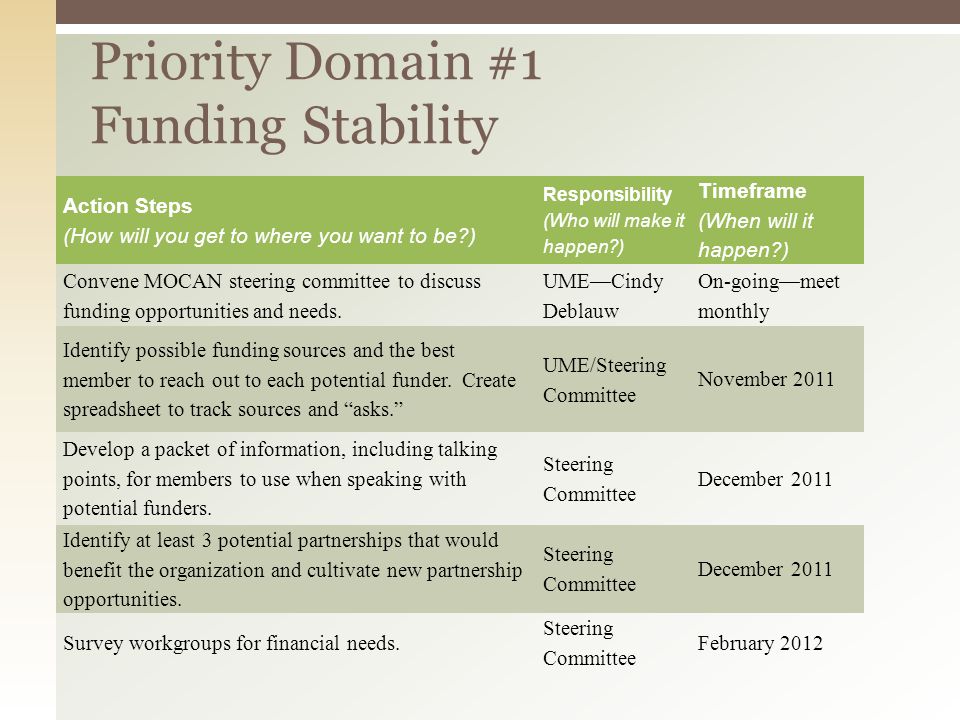 Priority Domain #1 Funding Stability Action Steps (How will you get to where you want to be ) Responsibility (Who will make it happen ) Timeframe (When will it happen ) Convene MOCAN steering committee to discuss funding opportunities and needs.