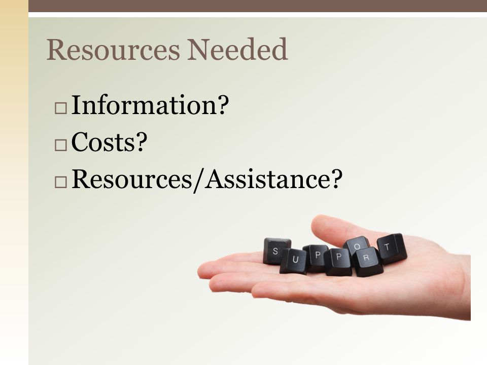  Information  Costs  Resources/Assistance Resources Needed