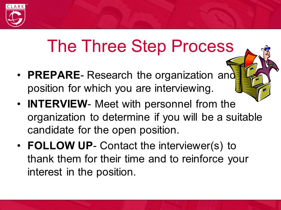 The Three Step Process PREPARE- Research the organization and the position for which you are interviewing.