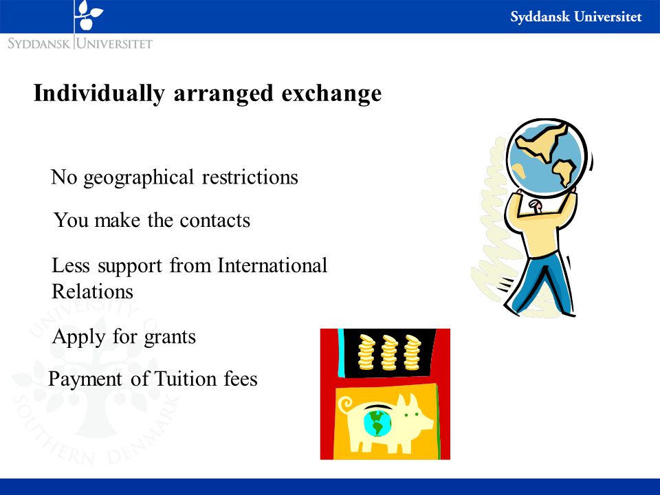 Individually arranged exchange No geographical restrictions You make the contacts Apply for grants Payment of Tuition fees Less support from International Relations