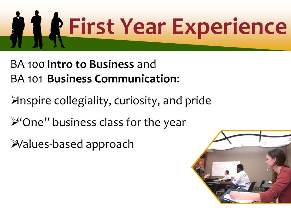 BA 100Intro to Business and BA 101 Business Communication:  Inspire collegiality, curiosity, and pride  One business class for the year  Values-based approach
