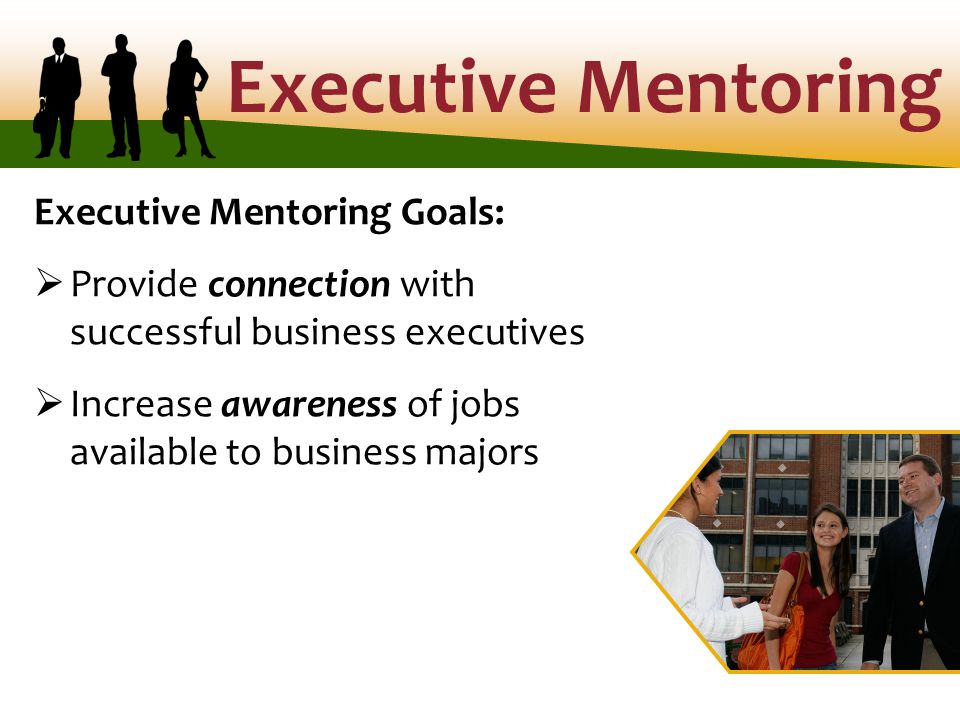 Executive Mentoring Goals:  Provide connection with successful business executives  Increase awareness of jobs available to business majors