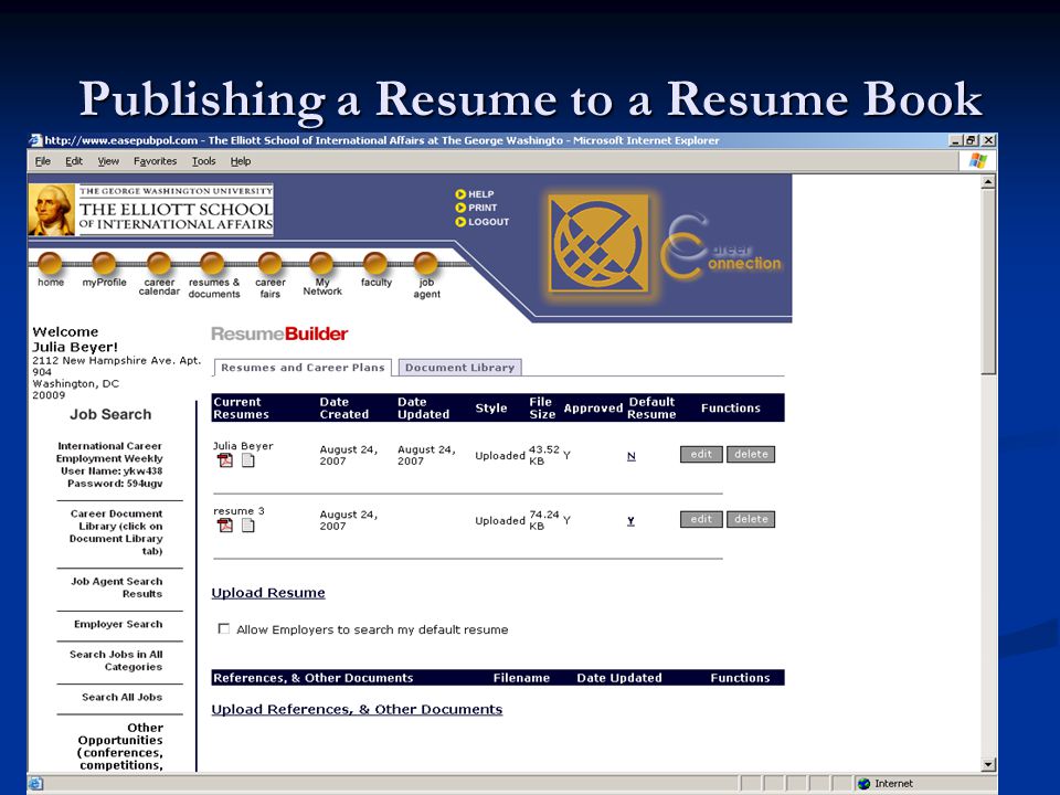 Publishing a Resume to a Resume Book