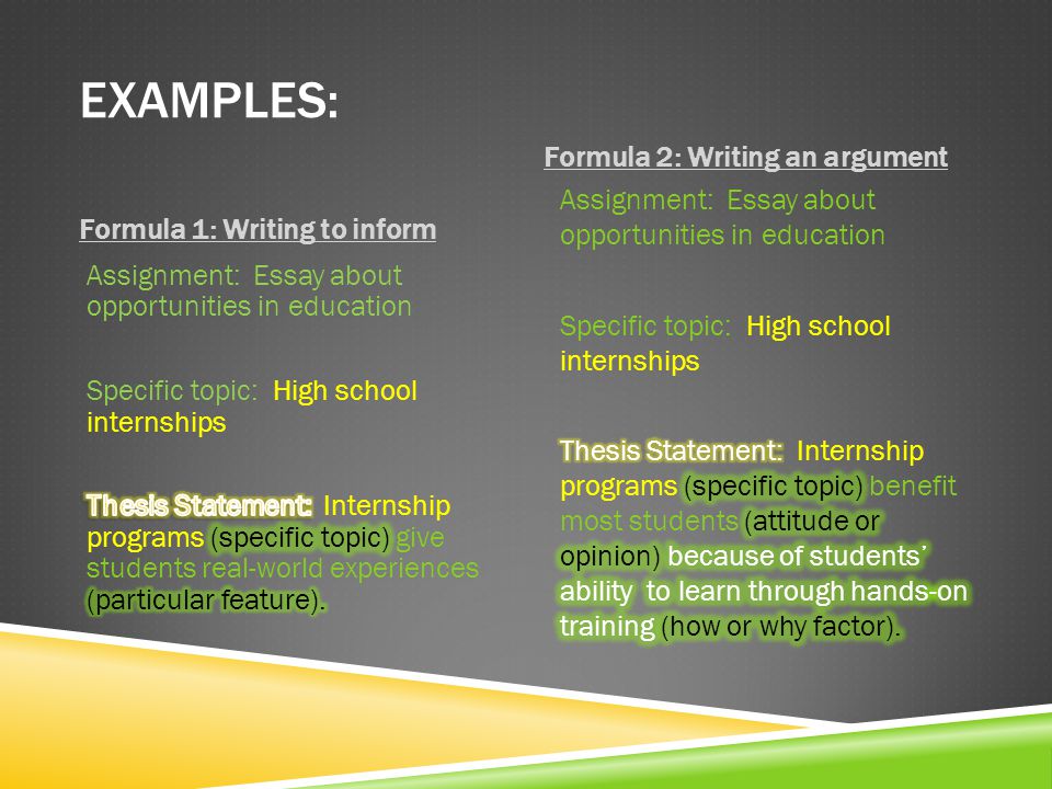 EXAMPLES: Formula 1: Writing to inform Formula 2: Writing an argument