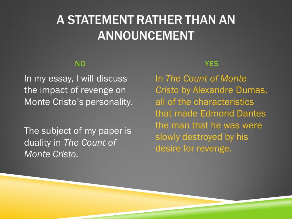 A STATEMENT RATHER THAN AN ANNOUNCEMENT NOYES In my essay, I will discuss the impact of revenge on Monte Cristo’s personality.
