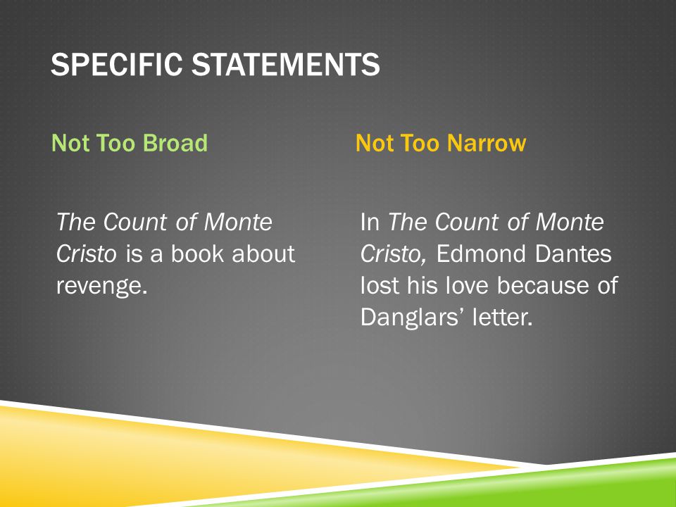 SPECIFIC STATEMENTS Not Too BroadNot Too Narrow The Count of Monte Cristo is a book about revenge.