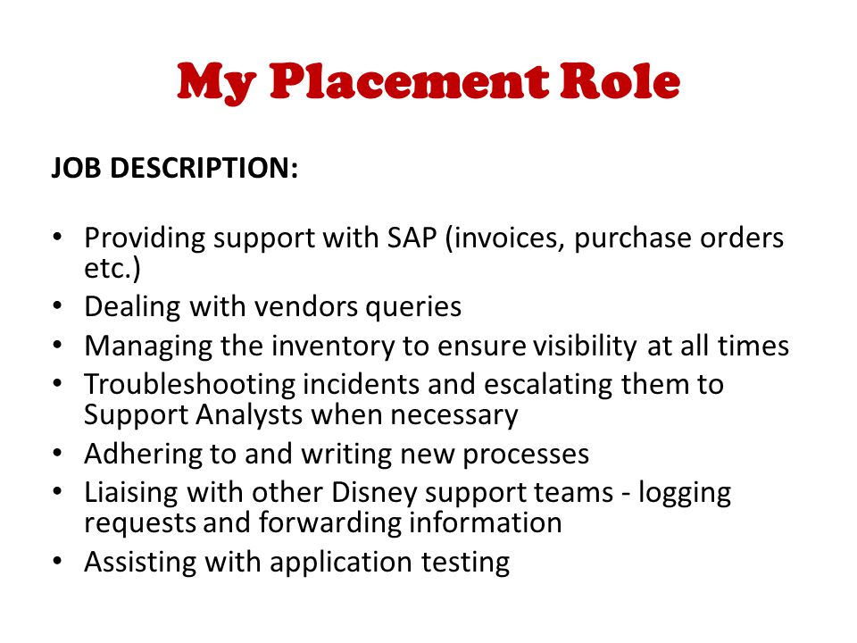 My Placement Role JOB DESCRIPTION: Providing support with SAP (invoices, purchase orders etc.) Dealing with vendors queries Managing the inventory to ensure visibility at all times Troubleshooting incidents and escalating them to Support Analysts when necessary Adhering to and writing new processes Liaising with other Disney support teams - logging requests and forwarding information Assisting with application testing