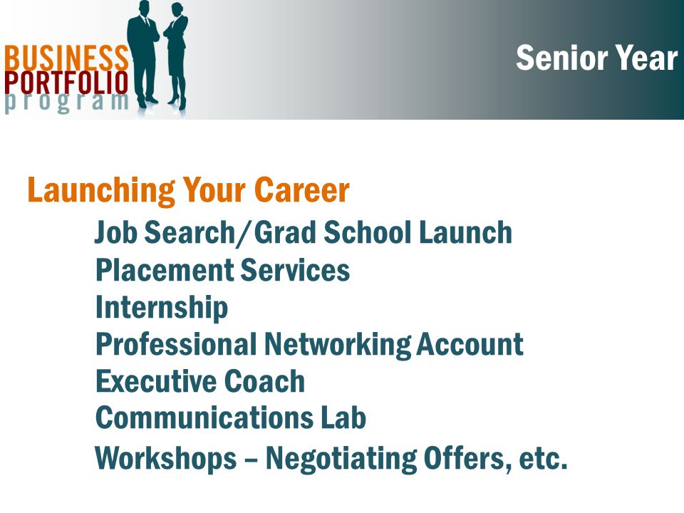 Senior Year Launching Your Career Job Search/Grad School Launch Placement Services Internship Professional Networking Account Executive Coach Communications Lab Workshops – Negotiating Offers, etc.