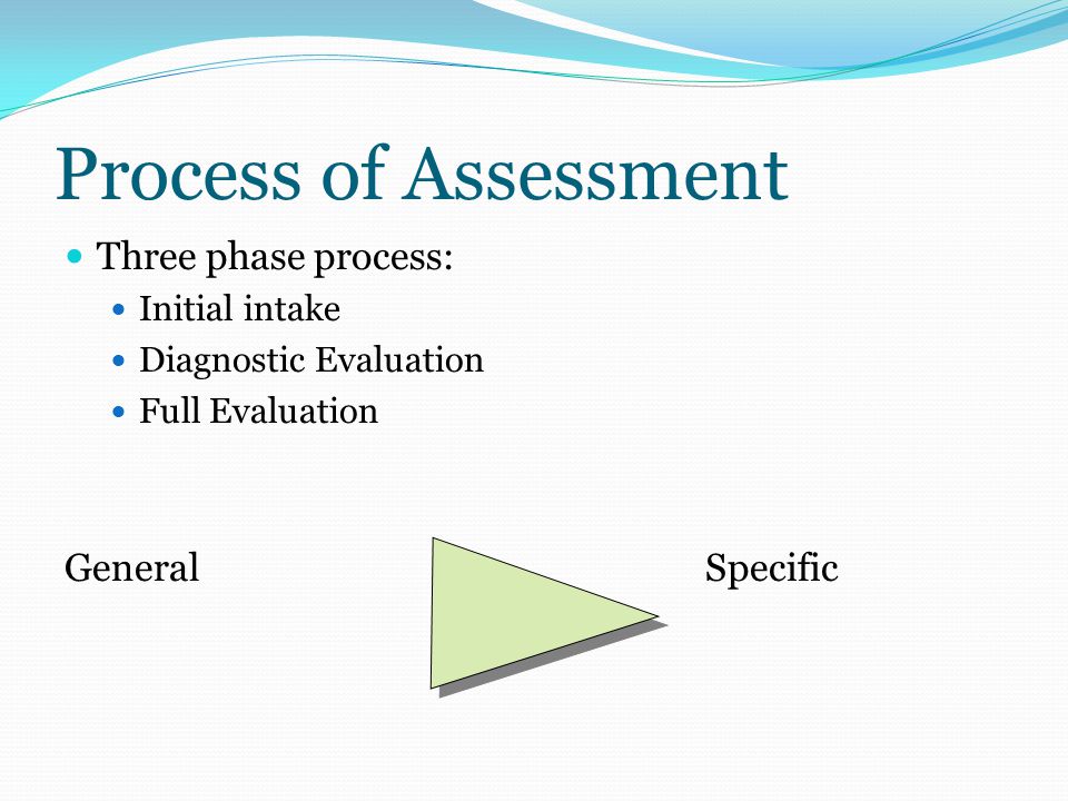 Process of Assessment Three phase process: Initial intake Diagnostic Evaluation Full Evaluation GeneralSpecific