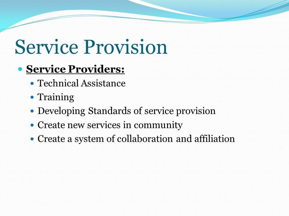 Service Provision Service Providers: Technical Assistance Training Developing Standards of service provision Create new services in community Create a system of collaboration and affiliation