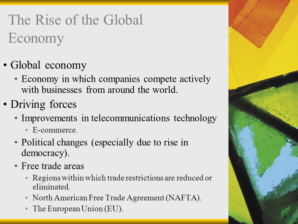 6-11 The Rise of the Global Economy Global economy Economy in which companies compete actively with businesses from around the world.