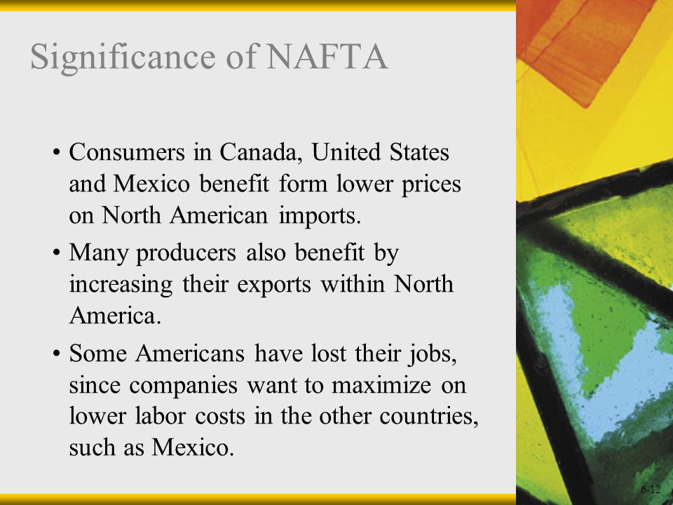 6-12 Significance of NAFTA Consumers in Canada, United States and Mexico benefit form lower prices on North American imports.