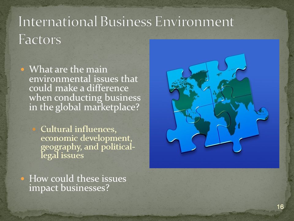 What are the main environmental issues that could make a difference when conducting business in the global marketplace.