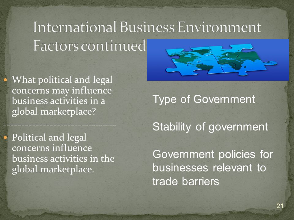 21 What political and legal concerns may influence business activities in a global marketplace.