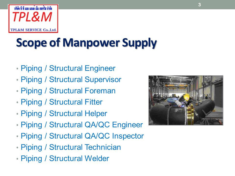 Scope of Manpower Supply Piping / Structural Engineer Piping / Structural Supervisor Piping / Structural Foreman Piping / Structural Fitter Piping / Structural Helper Piping / Structural QA/QC Engineer Piping / Structural QA/QC Inspector Piping / Structural Technician Piping / Structural Welder 3