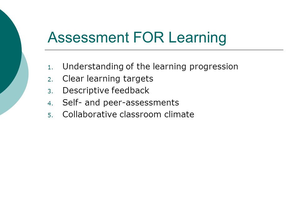 Assessment FOR Learning 1. Understanding of the learning progression 2.