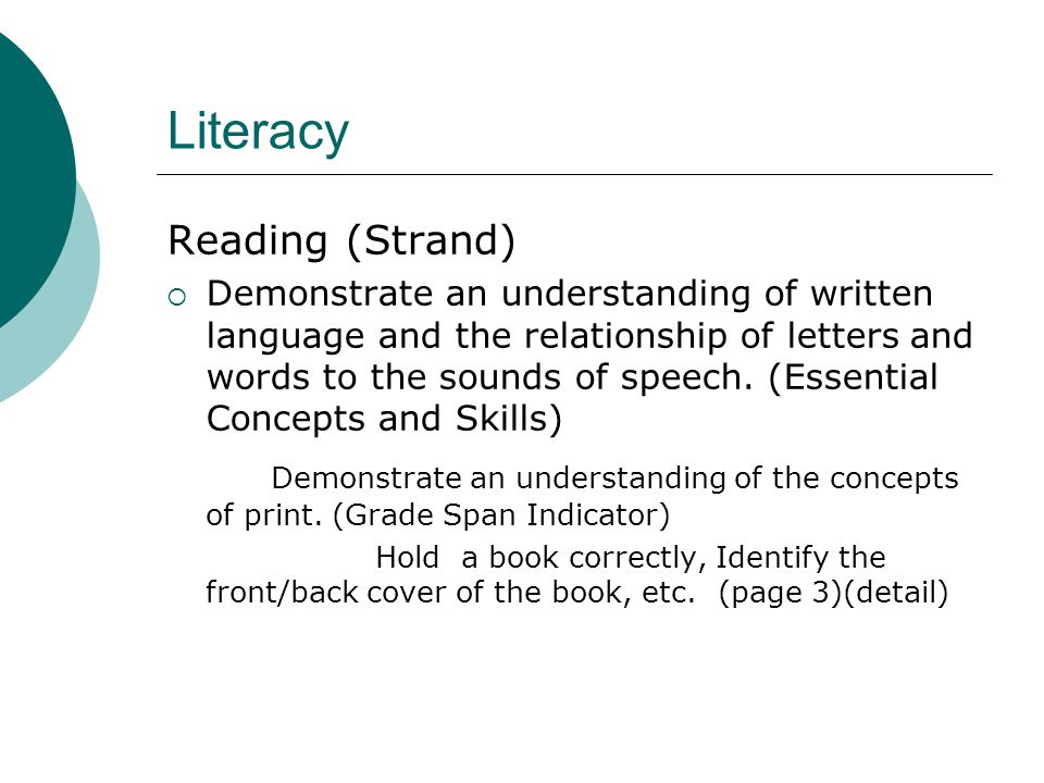 Literacy Reading (Strand)  Demonstrate an understanding of written language and the relationship of letters and words to the sounds of speech.