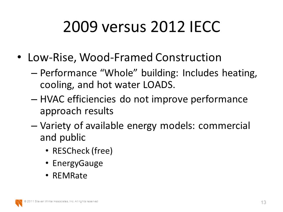 2009 versus 2012 IECC Low-Rise, Wood-Framed Construction – Performance Whole building: Includes heating, cooling, and hot water LOADS.