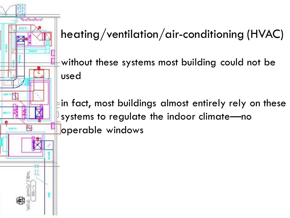 heating/ventilation/air-conditioning (HVAC) without these systems most building could not be used in fact, most buildings almost entirely rely on these systems to regulate the indoor climate—no operable windows
