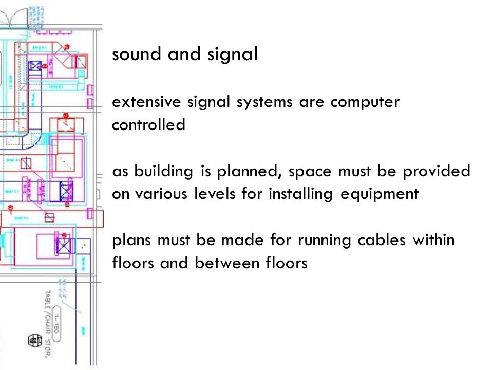 sound and signal extensive signal systems are computer controlled as building is planned, space must be provided on various levels for installing equipment plans must be made for running cables within floors and between floors