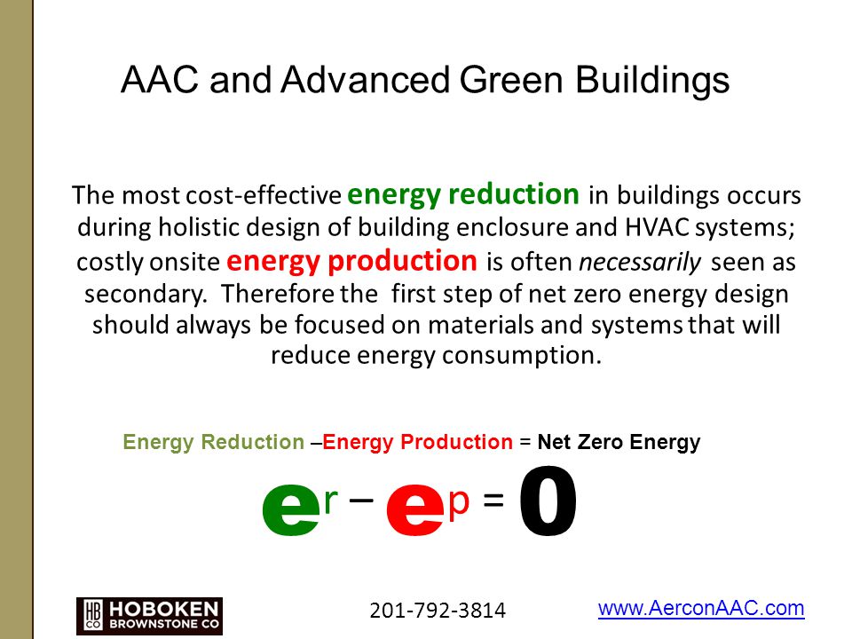 AAC and Advanced Green Buildings e r – e p = 0 The most cost-effective energy reduction in buildings occurs during holistic design of building enclosure and HVAC systems; costly onsite energy production is often necessarily seen as secondary.