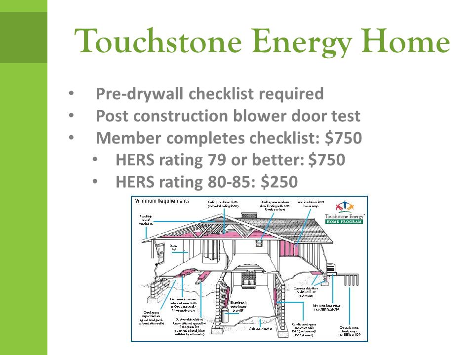 Pre-drywall checklist required Post construction blower door test Member completes checklist: $750 HERS rating 79 or better: $750 HERS rating 80-85: $250