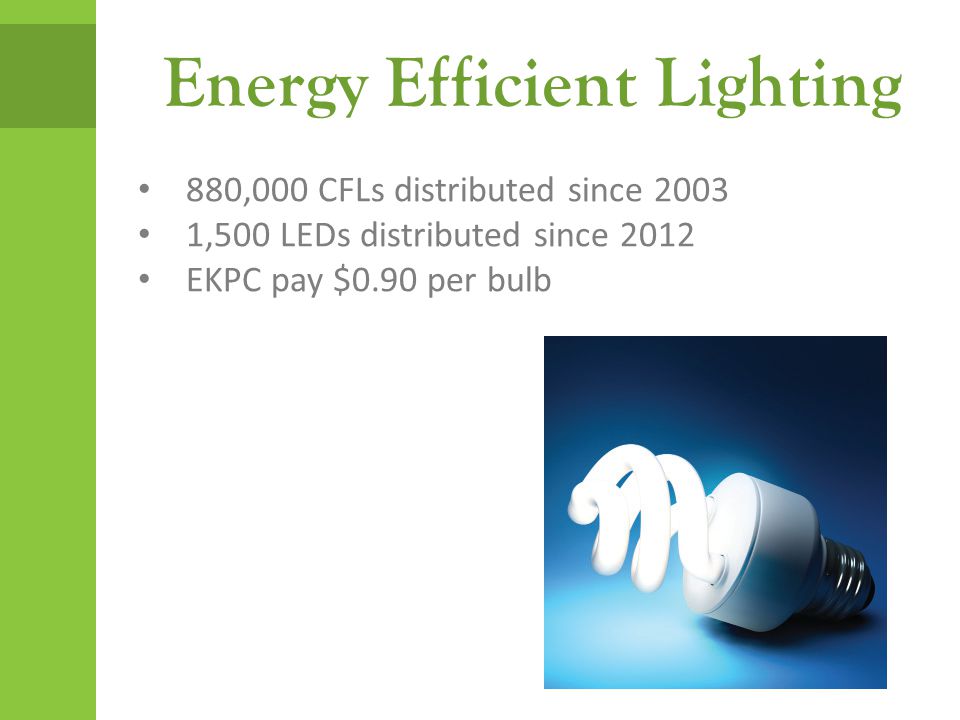 880,000 CFLs distributed since ,500 LEDs distributed since 2012 EKPC pay $0.90 per bulb