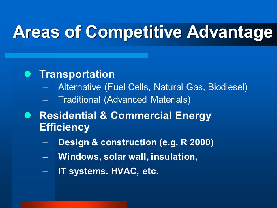 Areas of Competitive Advantage Transportation –Alternative (Fuel Cells, Natural Gas, Biodiesel) –Traditional (Advanced Materials) Residential & Commercial Energy Efficiency –Design & construction (e.g.