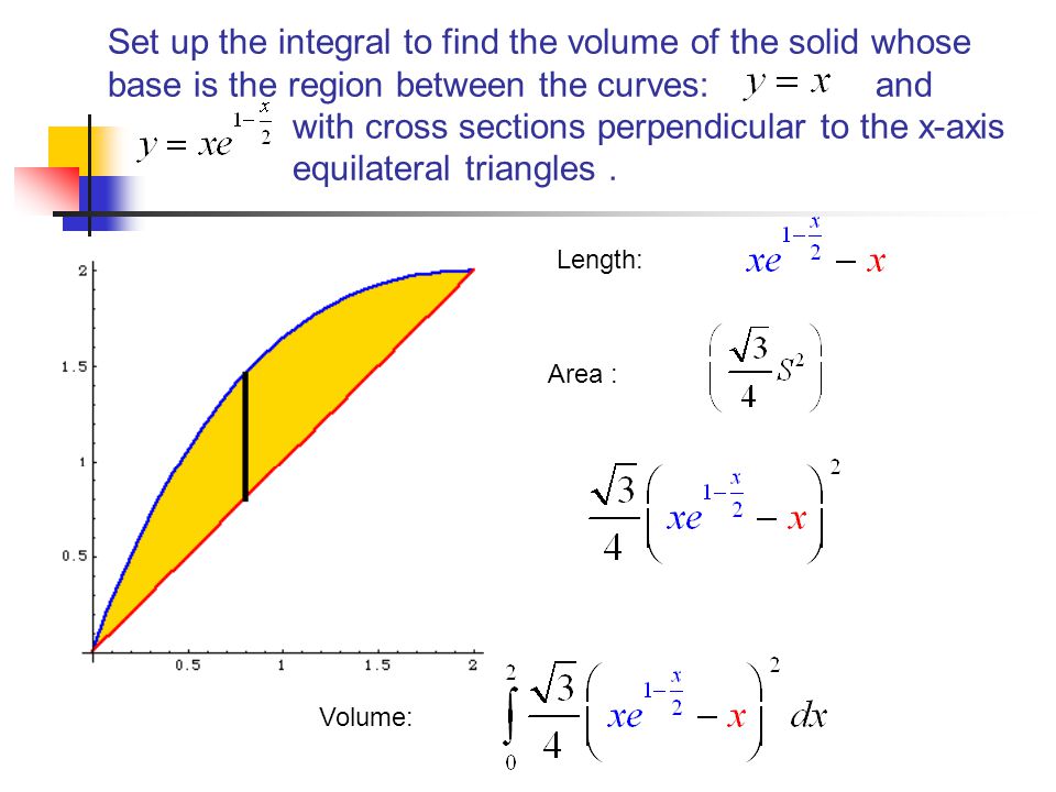 Set up the integral to find the volume of the solid whose base is the region between the curves: and with cross sections perpendicular to the x-axis equilateral triangles.