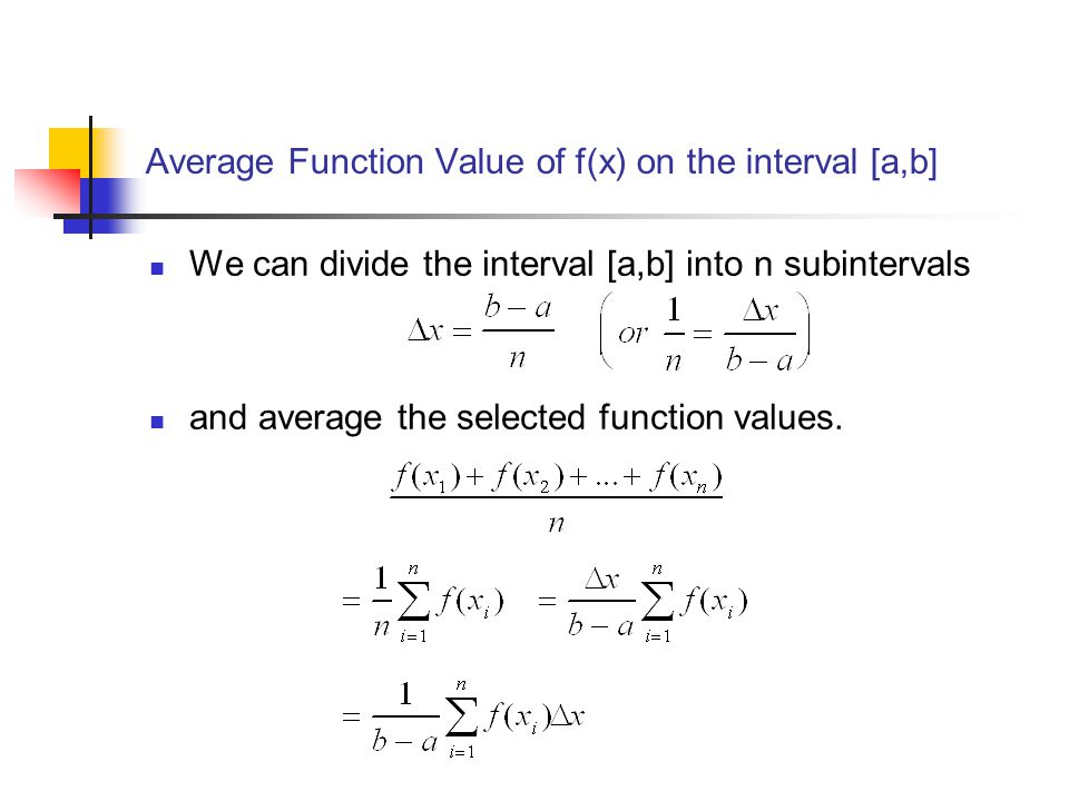 Average Function Value of f(x) on the interval [a,b] We can divide the interval [a,b] into n subintervals and average the selected function values.