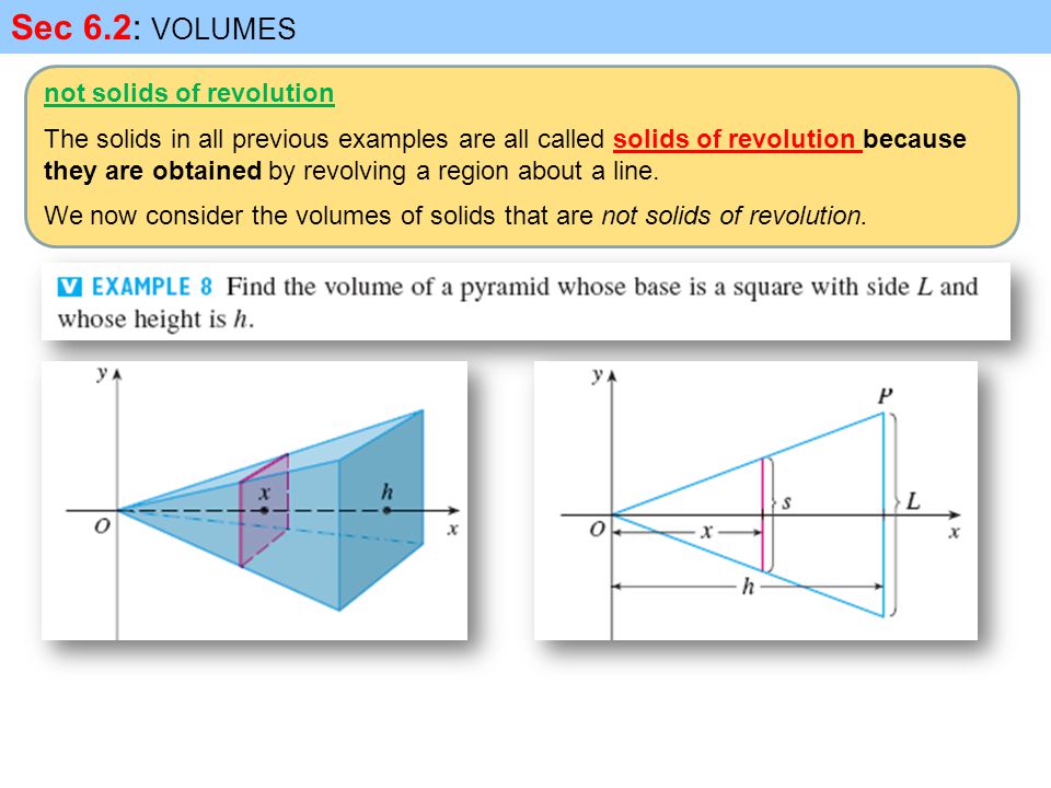 Sec 6.2: VOLUMES not solids of revolution The solids in all previous examples are all called solids of revolution because they are obtained by revolving a region about a line.