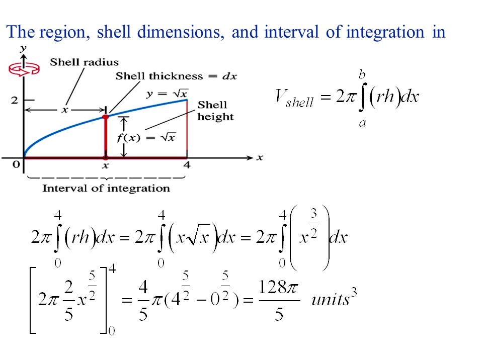 The region, shell dimensions, and interval of integration in