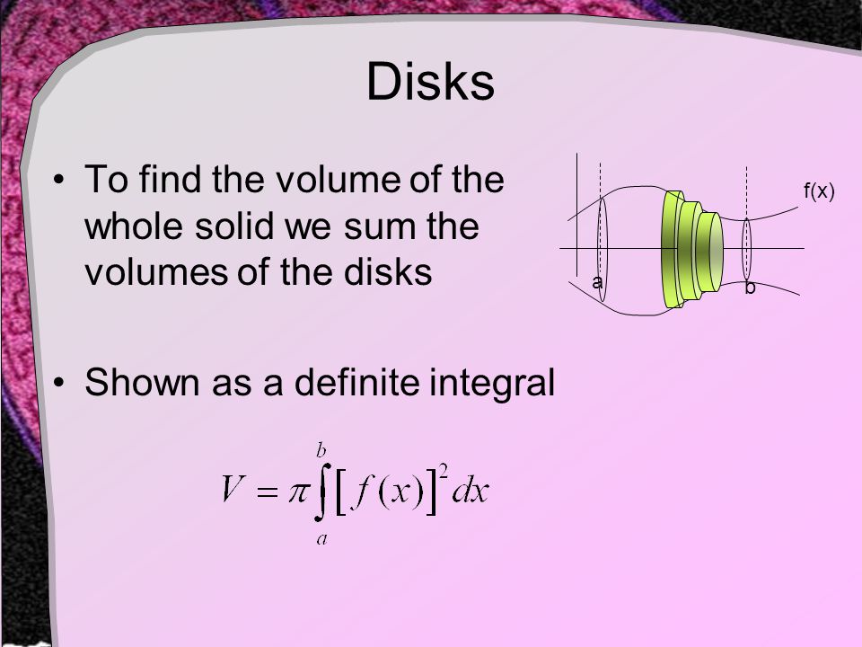 Disks To find the volume of the whole solid we sum the volumes of the disks Shown as a definite integral f(x) a b
