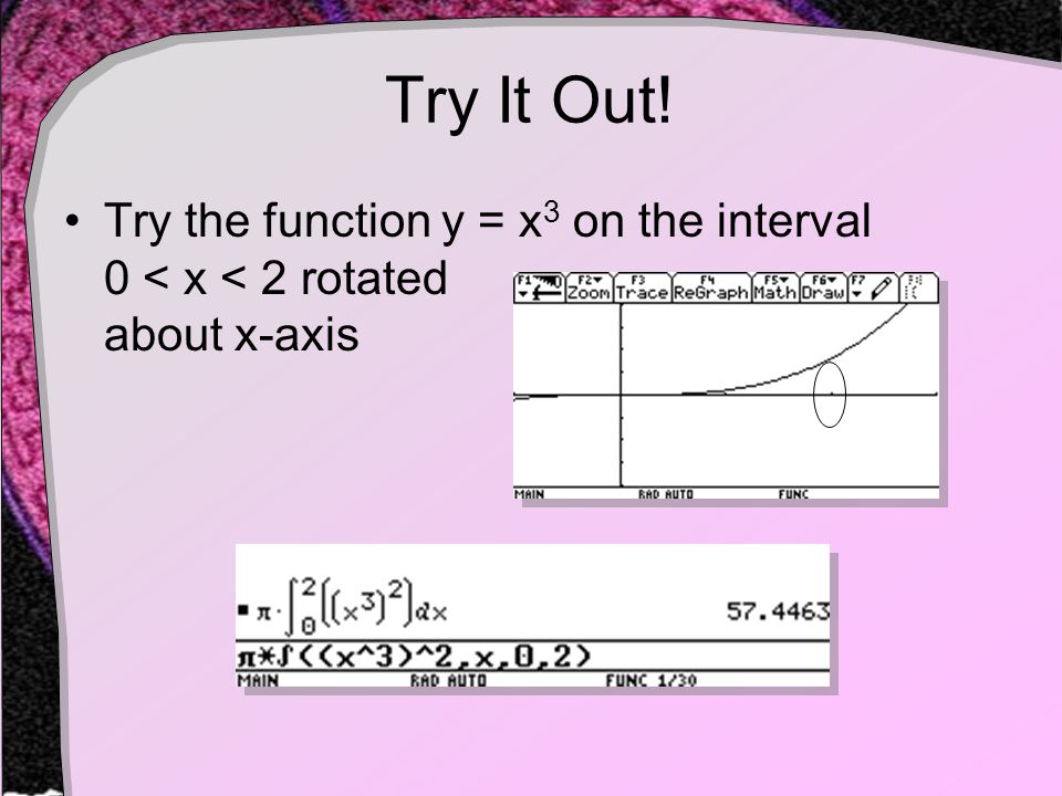 Try It Out! Try the function y = x 3 on the interval 0 < x < 2 rotated about x-axis