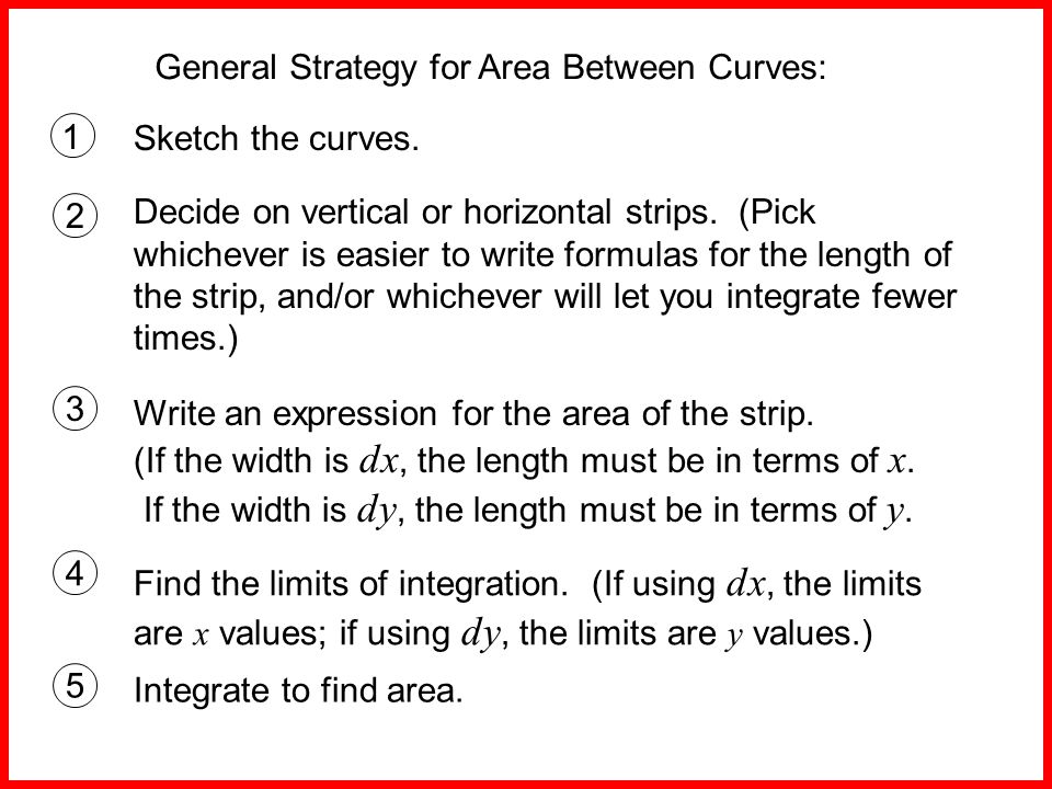 General Strategy for Area Between Curves: 1 Decide on vertical or horizontal strips.