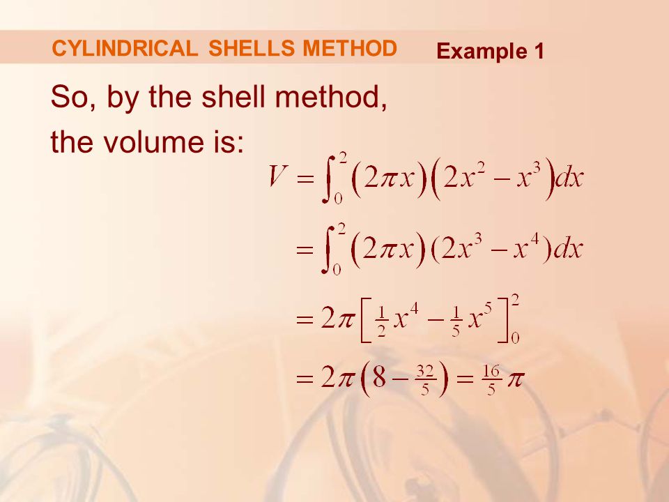So, by the shell method, the volume is: Example 1 CYLINDRICAL SHELLS METHOD