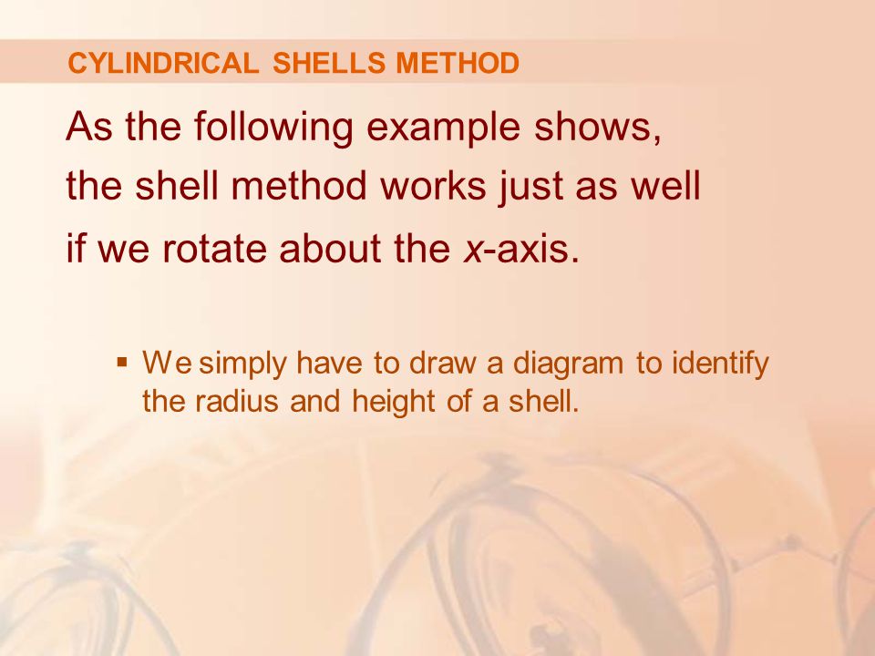 As the following example shows, the shell method works just as well if we rotate about the x-axis.