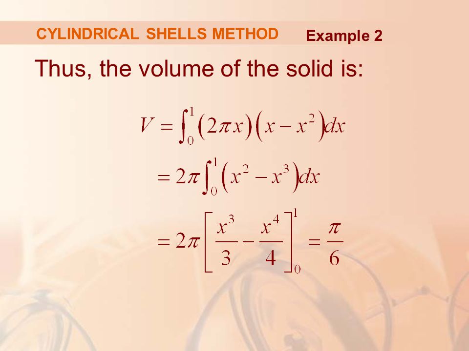 Thus, the volume of the solid is: Example 2 CYLINDRICAL SHELLS METHOD